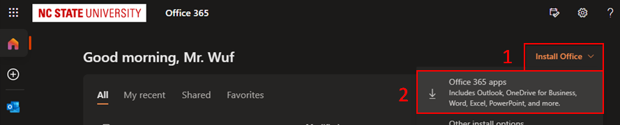 NC State Microsoft Office Homepage, "Install Office" button and dropdown menu highlighted .