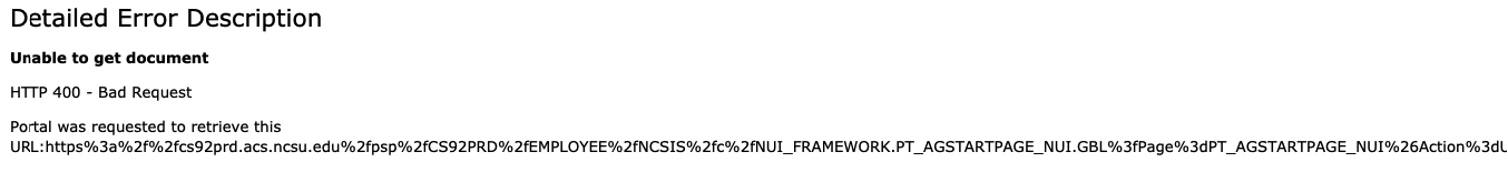 400 Bad Request error message example saying "Detailed Error Description. Unable to get document. HTTP 400 - Bad Request."