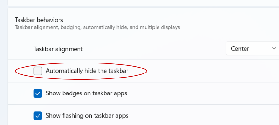 Screenshot shows Taskbar behaviors menu. "Automatically hide the taskbar" is circled.