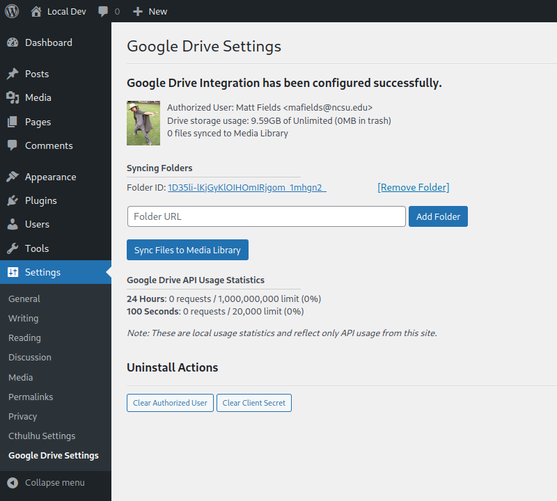 Screenshot showing Google Drive settings within WordPress