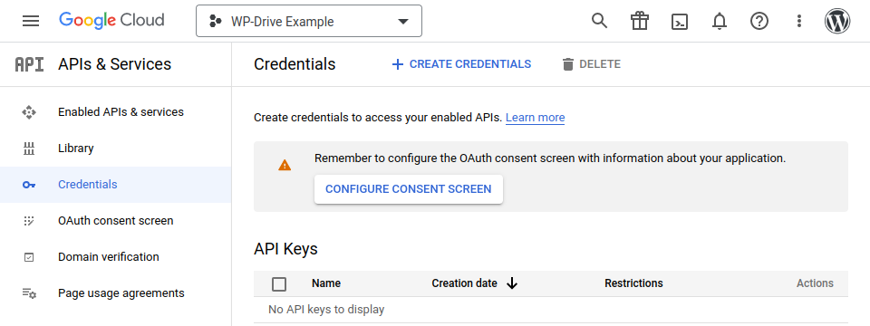 Screenshot showing consent screen in Google Cloud