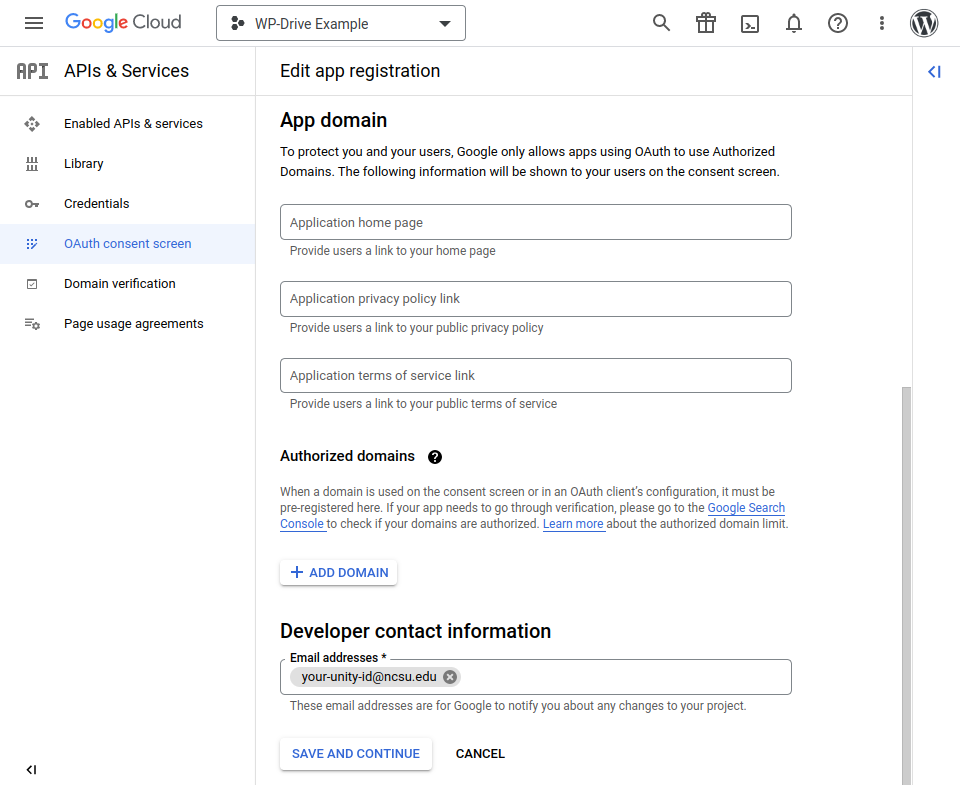 Screenshot showing App domain settings in Google Cloud