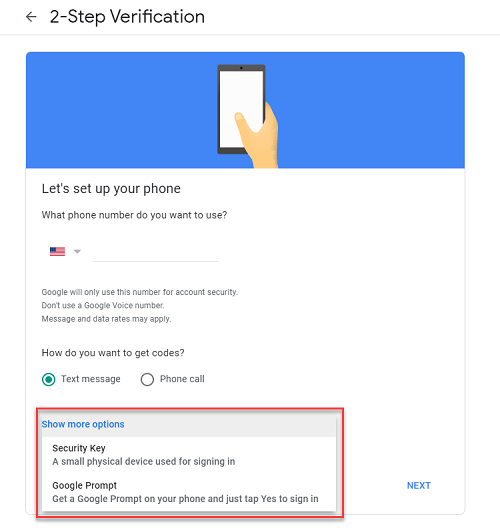 Google 2-Step Verification Enrollment Options