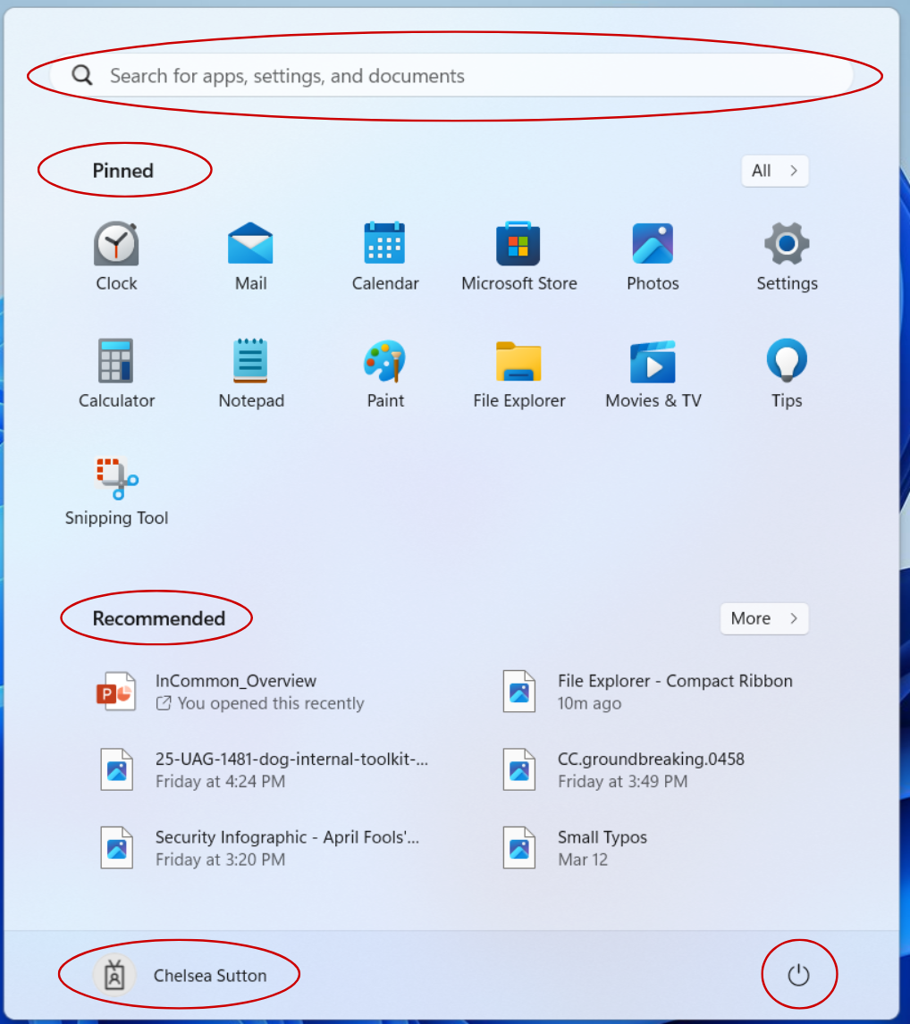 Screenshot of the Start menu. The Search box, Pinned, Recommended, Account name, and Power button are circled.