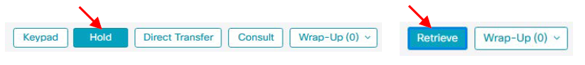 Call control bar showing the 'Hold' button selected, and a second view showing the 'Retrieve' button to resume a held call