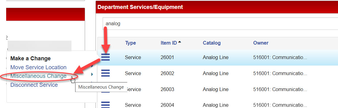 Actions menu for a service item opened using the three-line icon, highlighting the "Miscellaneous Change" option.