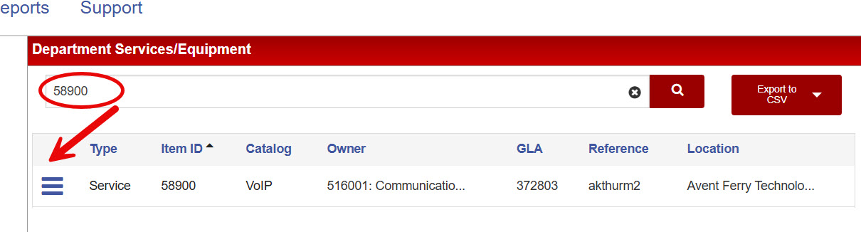 Department Services/Equipment page showing a service selected by item ID in the search field.