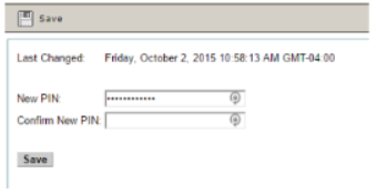 Cisco Unity Connection Change PIN screen displaying fields for New PIN and Confirm New PIN, along with a Save button and last changed date information