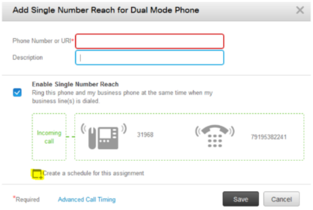 Single Number Reach configuration screen displaying a mobile number entry field and the Enable Single Number Reach option selected.