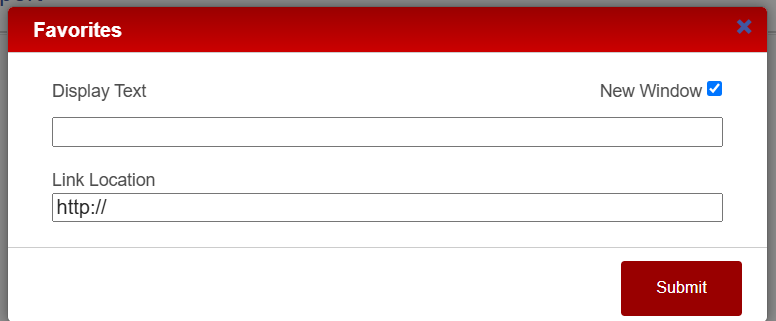 Favorites dialog showing fields to enter display text and link location with a Submit button.