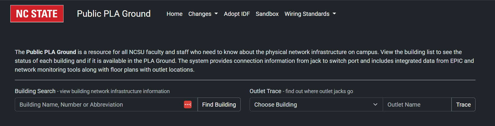 Public PLA Ground site showing the building search interface used to find building information and floor plans for selecting outlet locations. 