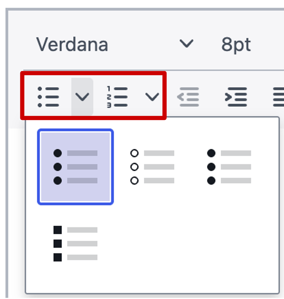 Screenshot of bullet list selection menu in ServiceNow's knowledge base article editor.