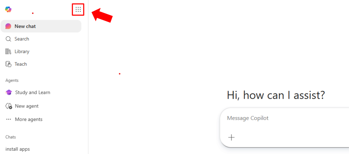 Arrow pointing to the App Launcher icon with a red square outlining the icon