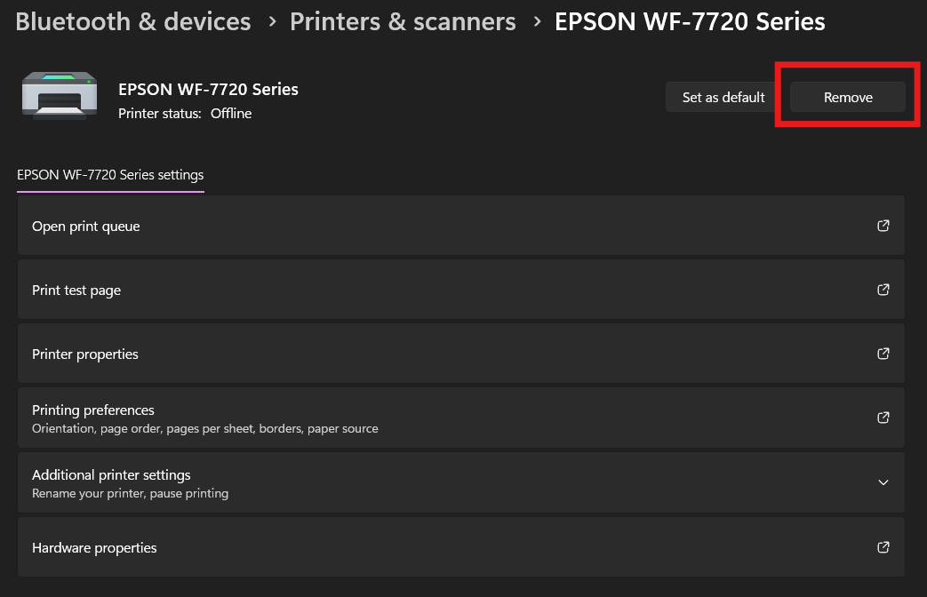 start printers and scanners remove device