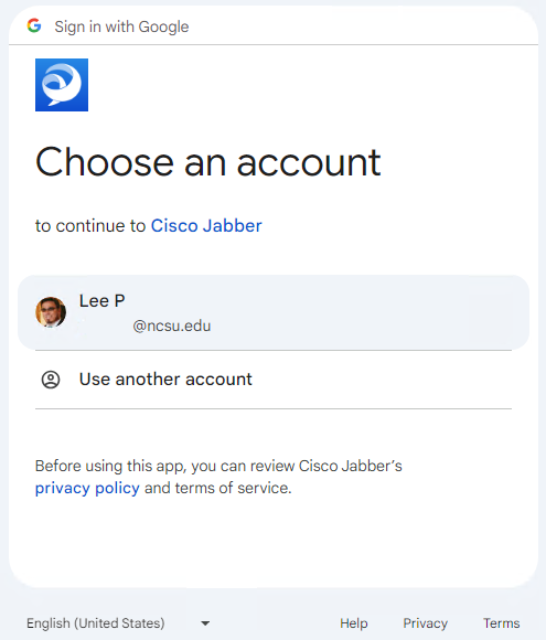 Google sign-in page displaying available account options to authenticate Cisco Jabber with an NC State Google account. 