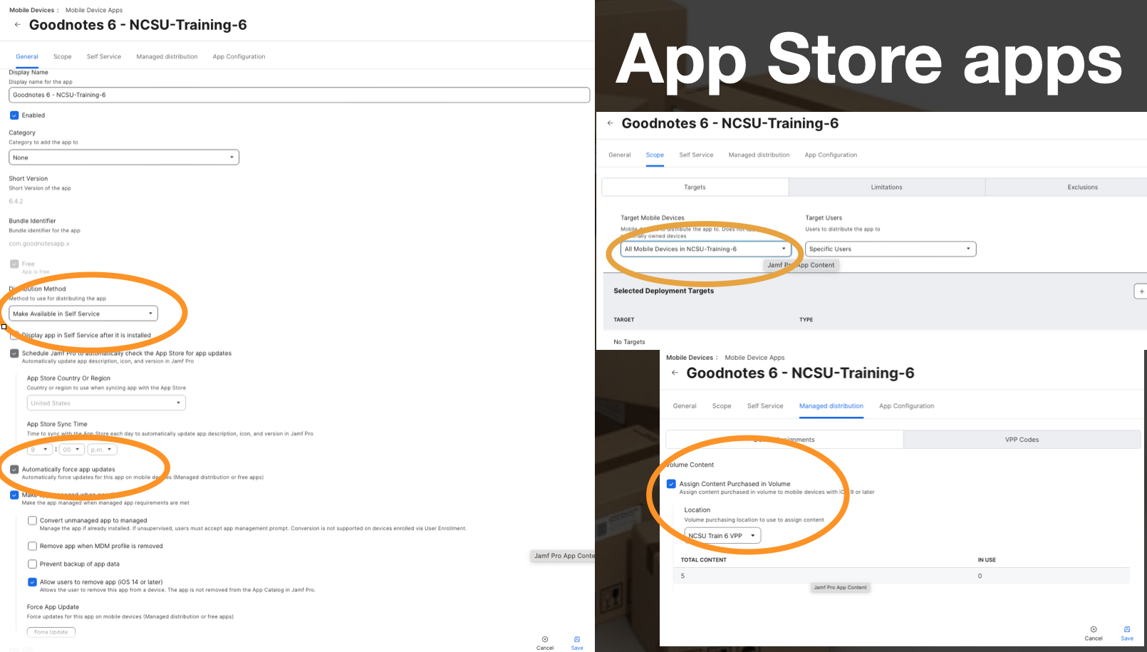 Image showing the Jamf Pro screens to add VPP software title.