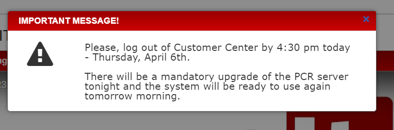 Pop-up window showing the full alert message with system update information.