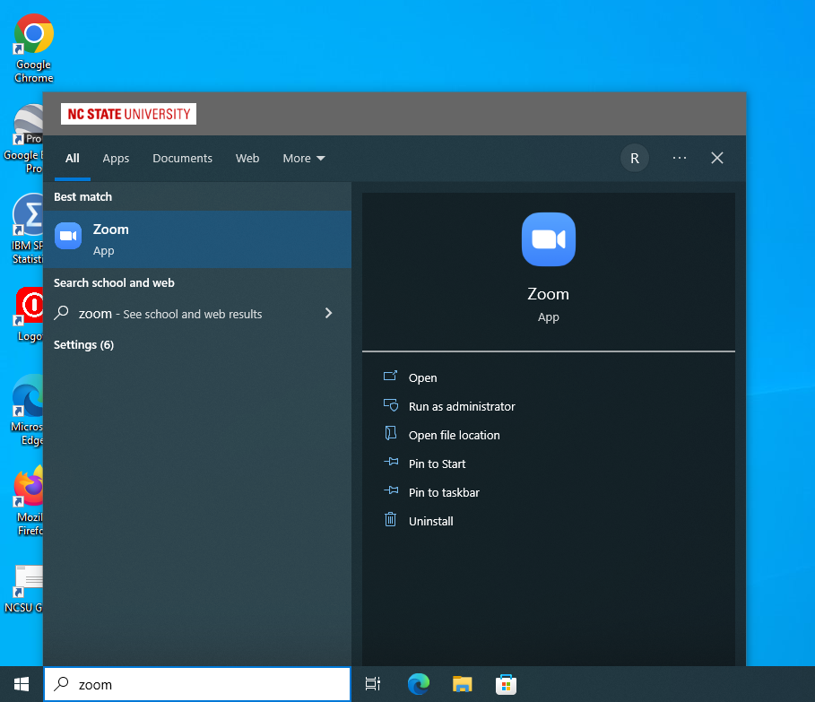 You can find the zoom application by clicking on either the windows button in the bottom left on the taskbar or by using the windows search menu and just typing in "Zoom"
