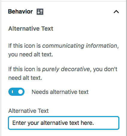 Icon block settings with "Needs alternative text" toggled on.