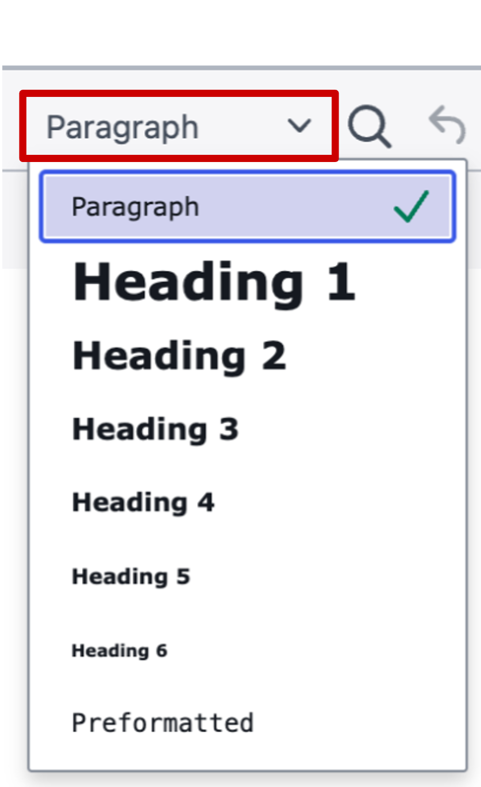 Screenshot of headings menu in ServiceNow's knowledge base article editor.
