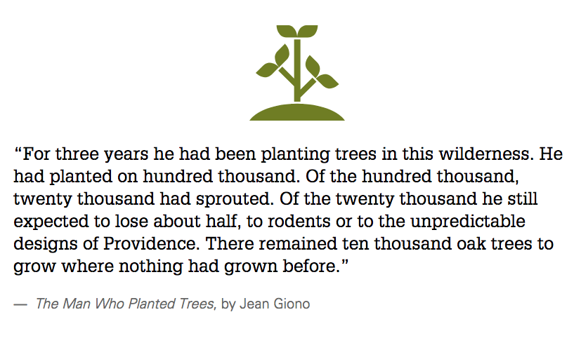 A passage from a book describing planting trees, with a decorative icon of a sapling.