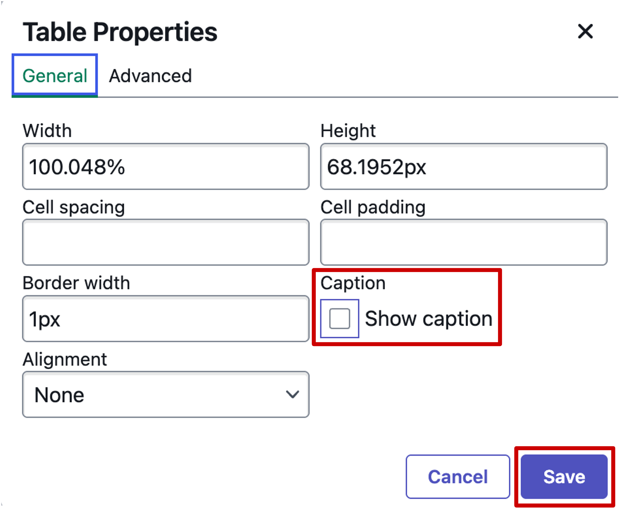 Screenshot of Table properties window for a data table in ServiceNow's knowledge base article editor.