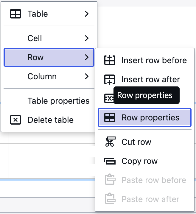 Screenshot of Row properties option in the table menu in ServiceNow's knowledge base article editor.