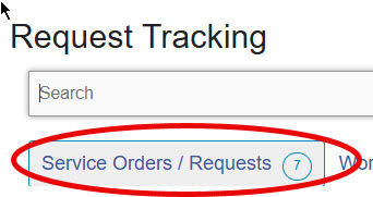 Request Tracking page showing Service Orders/Requests count in the user's queue.
