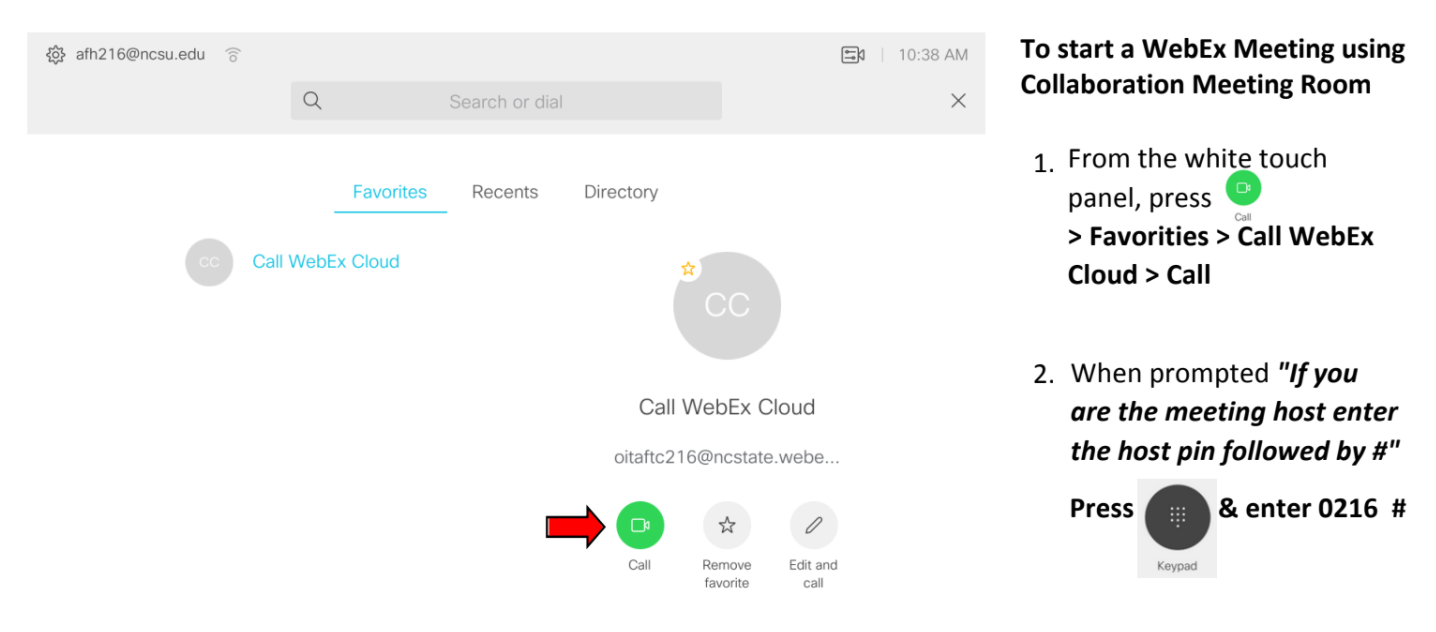 Touch Panel screen showing Favorites tab with "Call Webex Cloud" selected and the green Call button highlighted