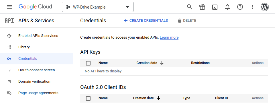 Screenshot showing API keys in Google Cloud