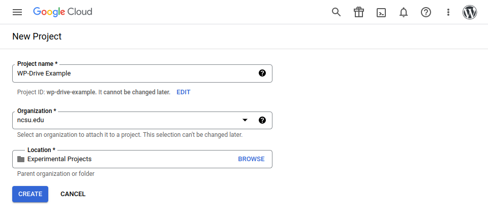 Screenshot showing New Project settings in Google Cloud