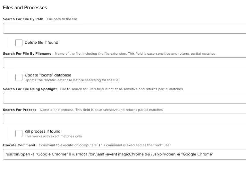 Shows the options fields to add command line tool sting that either opens an app or runs another policy to install it