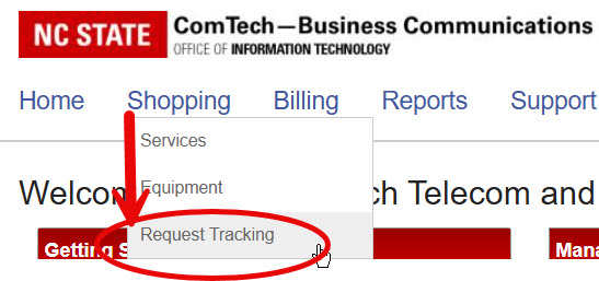 Navigation menu showing the Shopping menu expanded with Request Tracking selected.