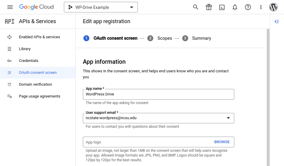 Screenshot showing App information settings in Google Cloud
