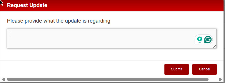 Request Update pop-up window with text field and Submit and Cancel buttons. 