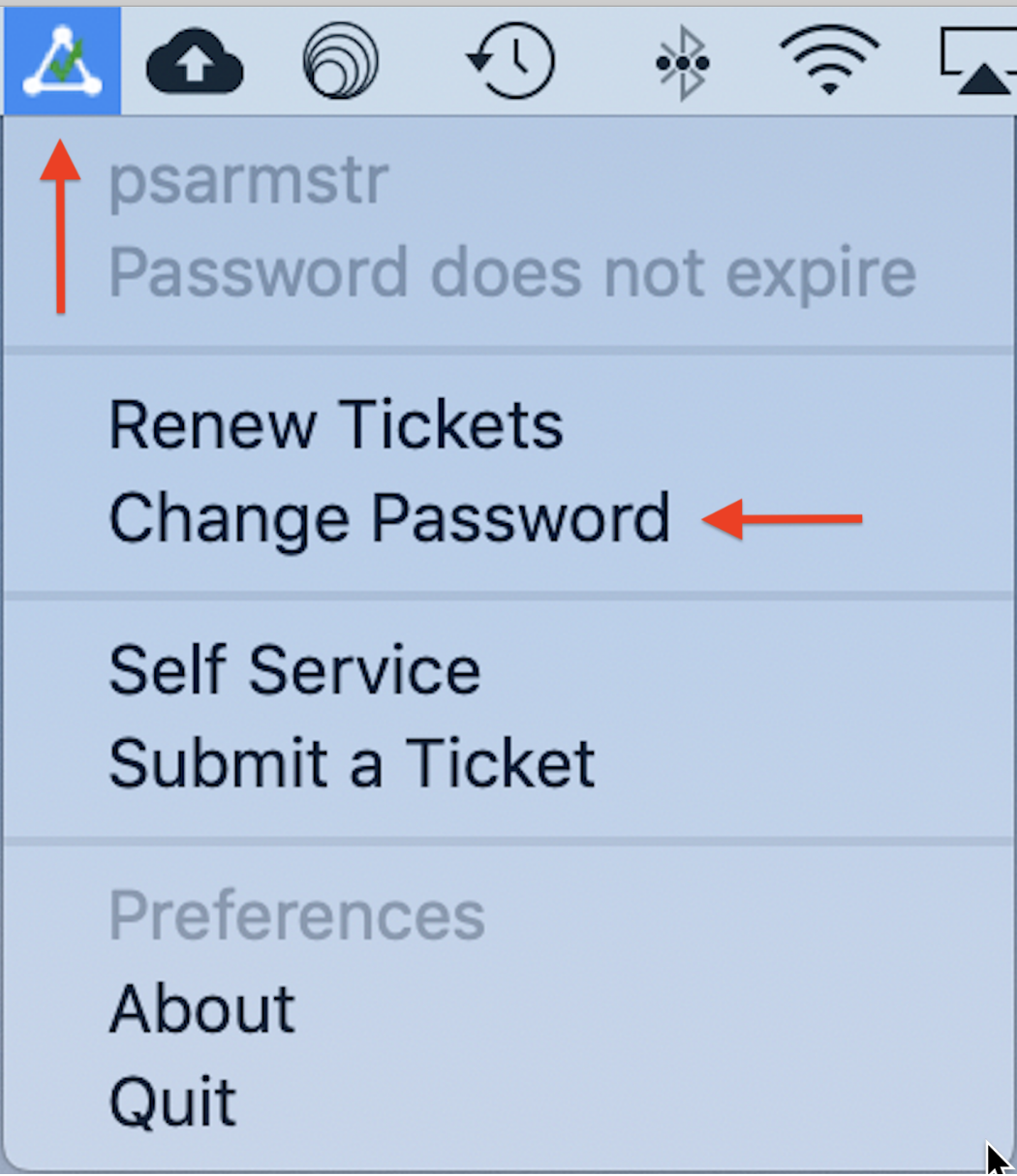 Image of the NoMAD application menu highlighting the "Change Password" option