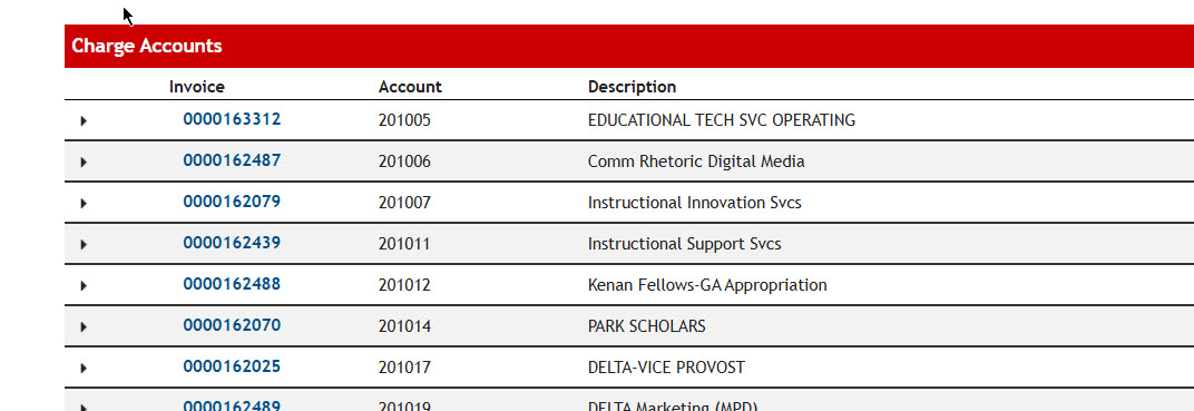 Charge Accounts section displaying list of accounts with invoice number, account number, and description.