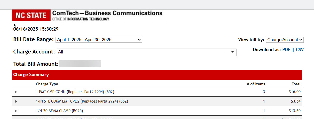 Billing page showing bill date range, charge account filter, total bill amount, and charge summary table.