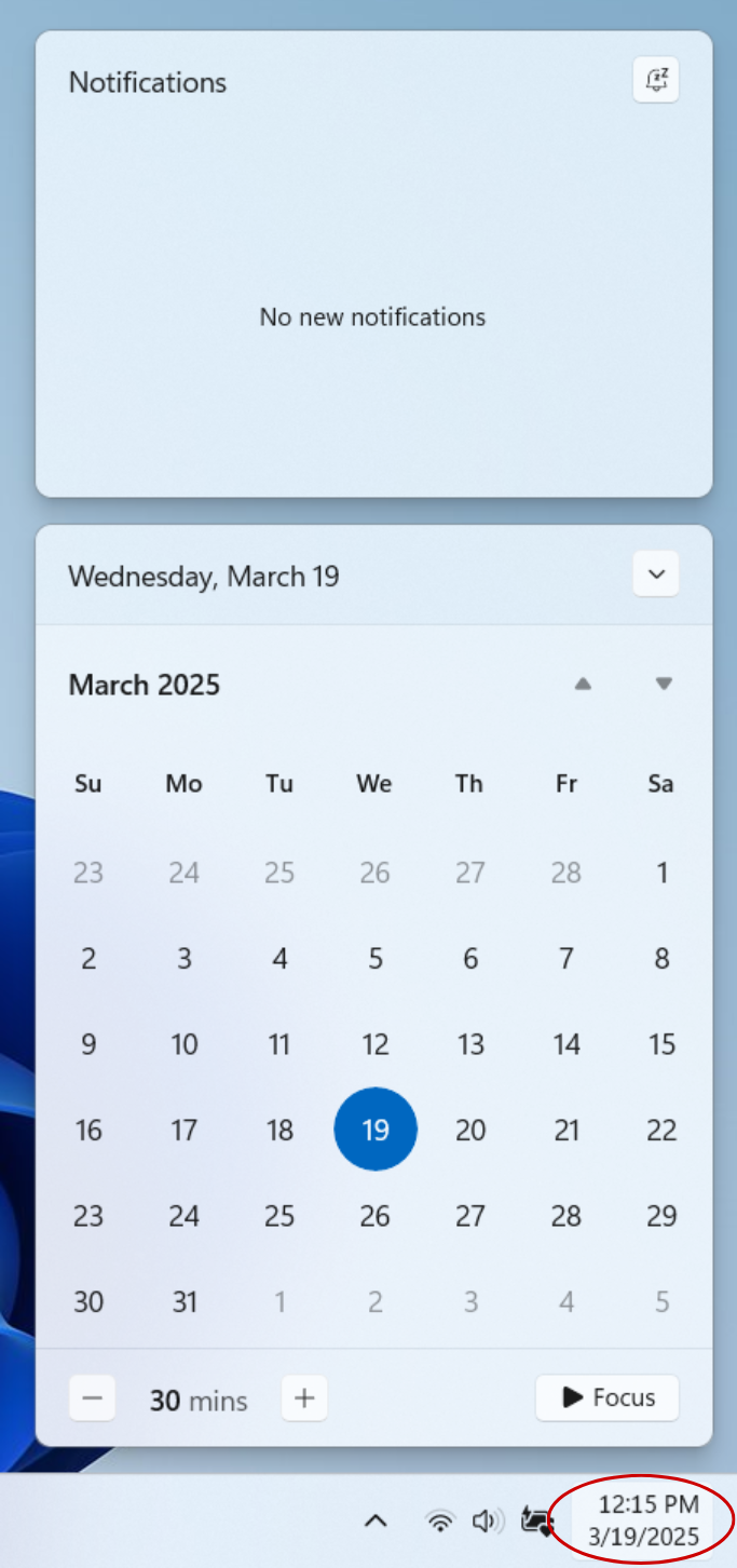 Screenshot of the Notifications window with the calendar underneath. The time and date are circled to show how you access Notifications.