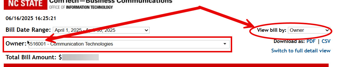 Billing page showing Owner filter selected and "View bill by: Owner" option highlighted.