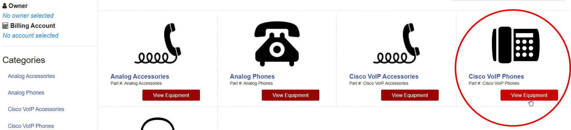 Equipment catalog displaying Cisco VoIP Phones with the "View Equipment" button highlighted.
