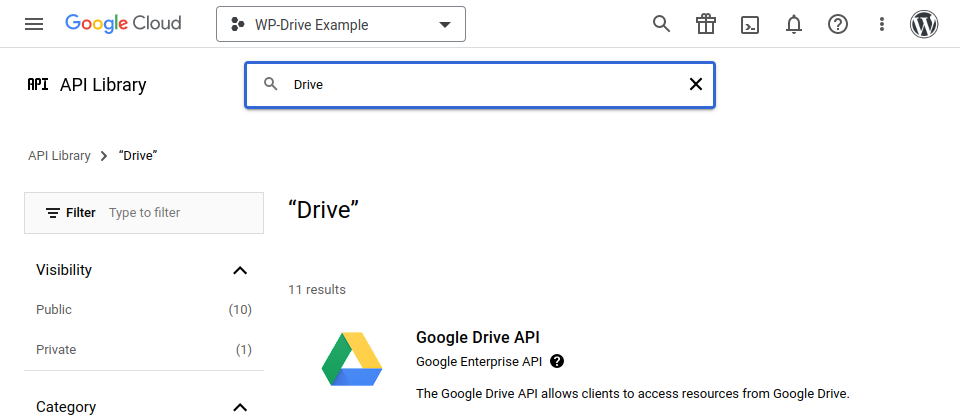 Screenshot showing WP Drive API Library in Google Cloud