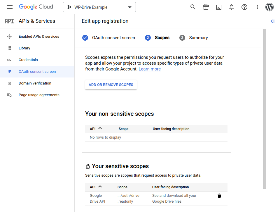 Screenshot showing scopes in Google Cloud
