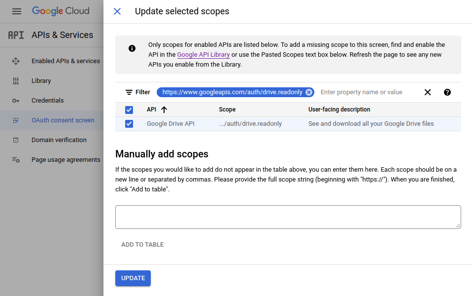 Screenshot showing scopes in Google Cloud