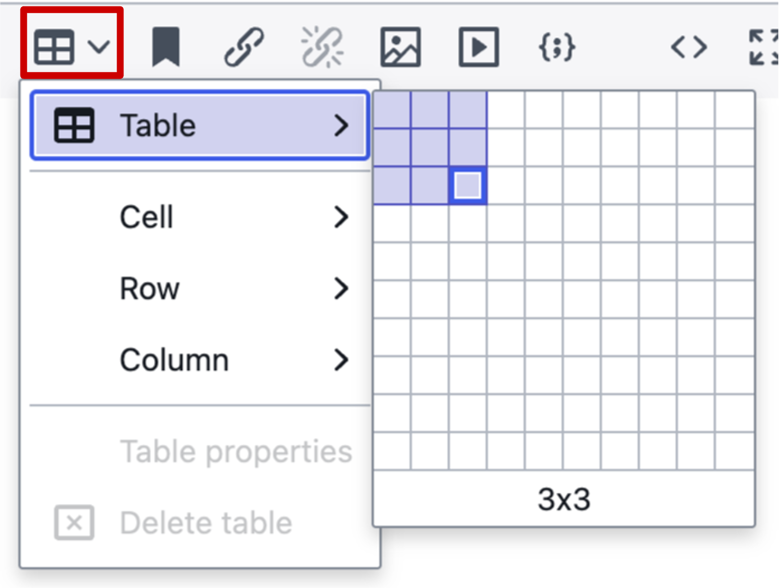 Screenshot of Insert table menu in ServiceNow's knowledge base article editor.