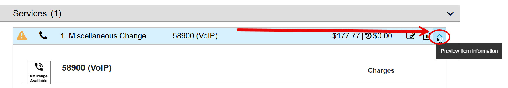 Service request showing a "Miscellaneous Change" item with the expand details icon highlighted. 