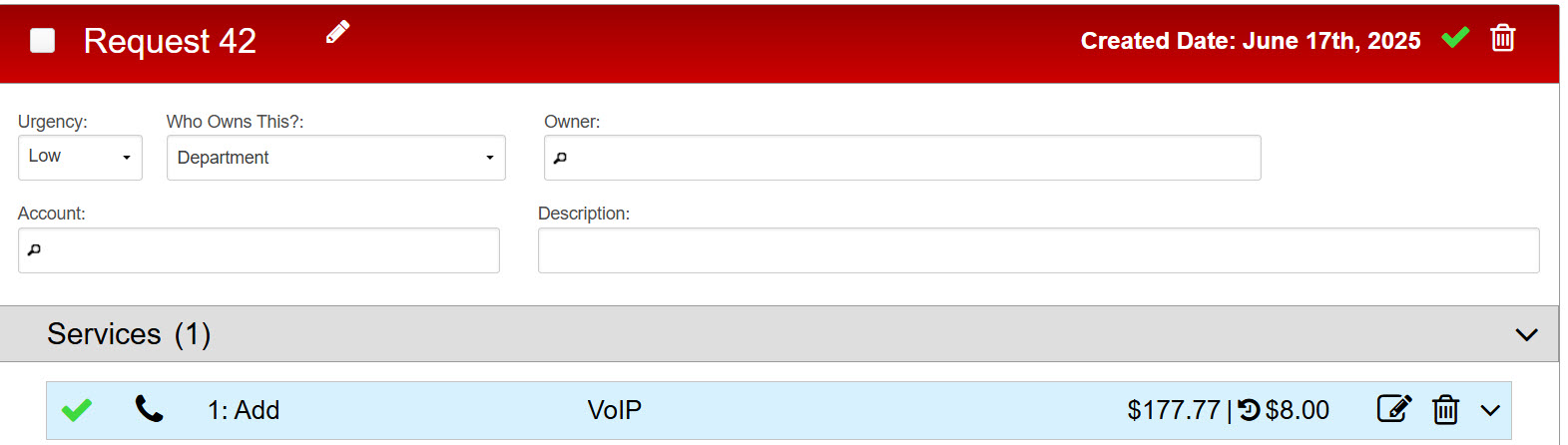 Expanded request details for "Request 42," displaying editable fields and associated service information within the cart.