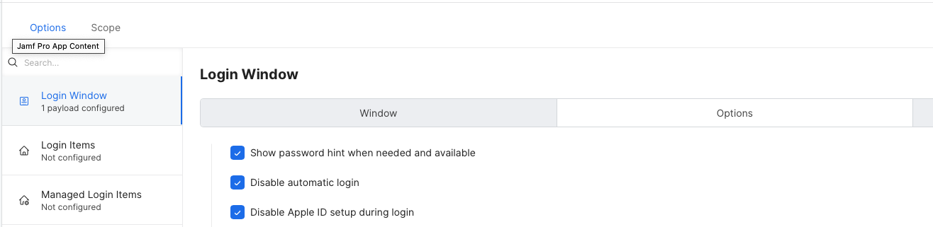 Image showing Login Window Options tab in Jamf Pro Configuration Profile set to not allow automatic login