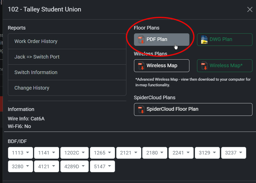 Building details panel for Talley Student Union highlighting the "PDF Plan" option under Floor Plans. 