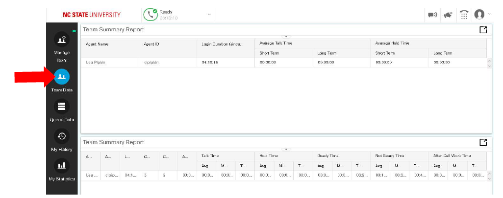 Team Data section selected in the left navigation, displaying the Team Summary Report with agent login and call statistics